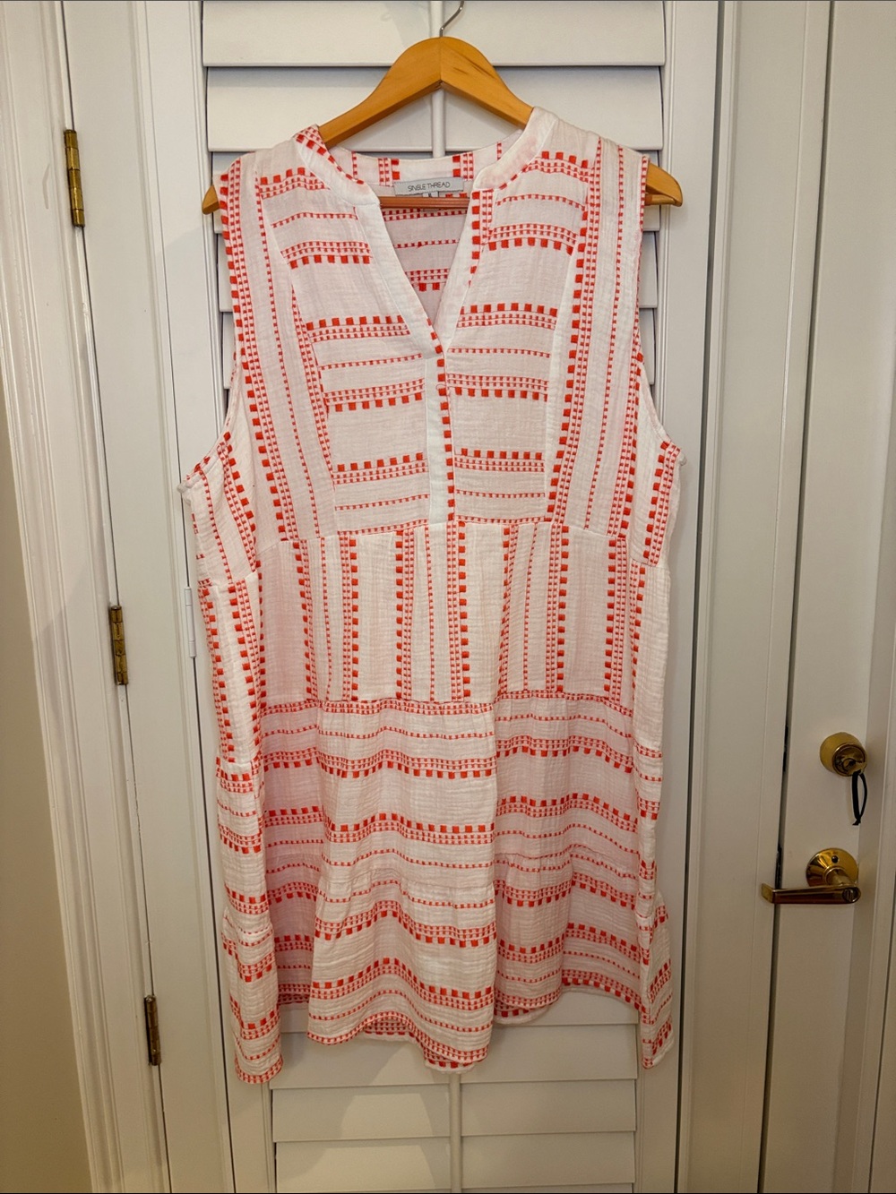 Single Thread White Dress with Coral Embroidered Stripes XL